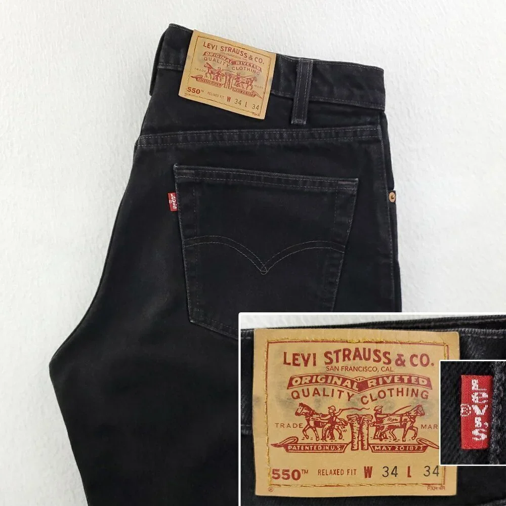 Levi's 550 Vintage Jeans 90s Relaxed Fit Batwing USA Black Denim Men's 34x34